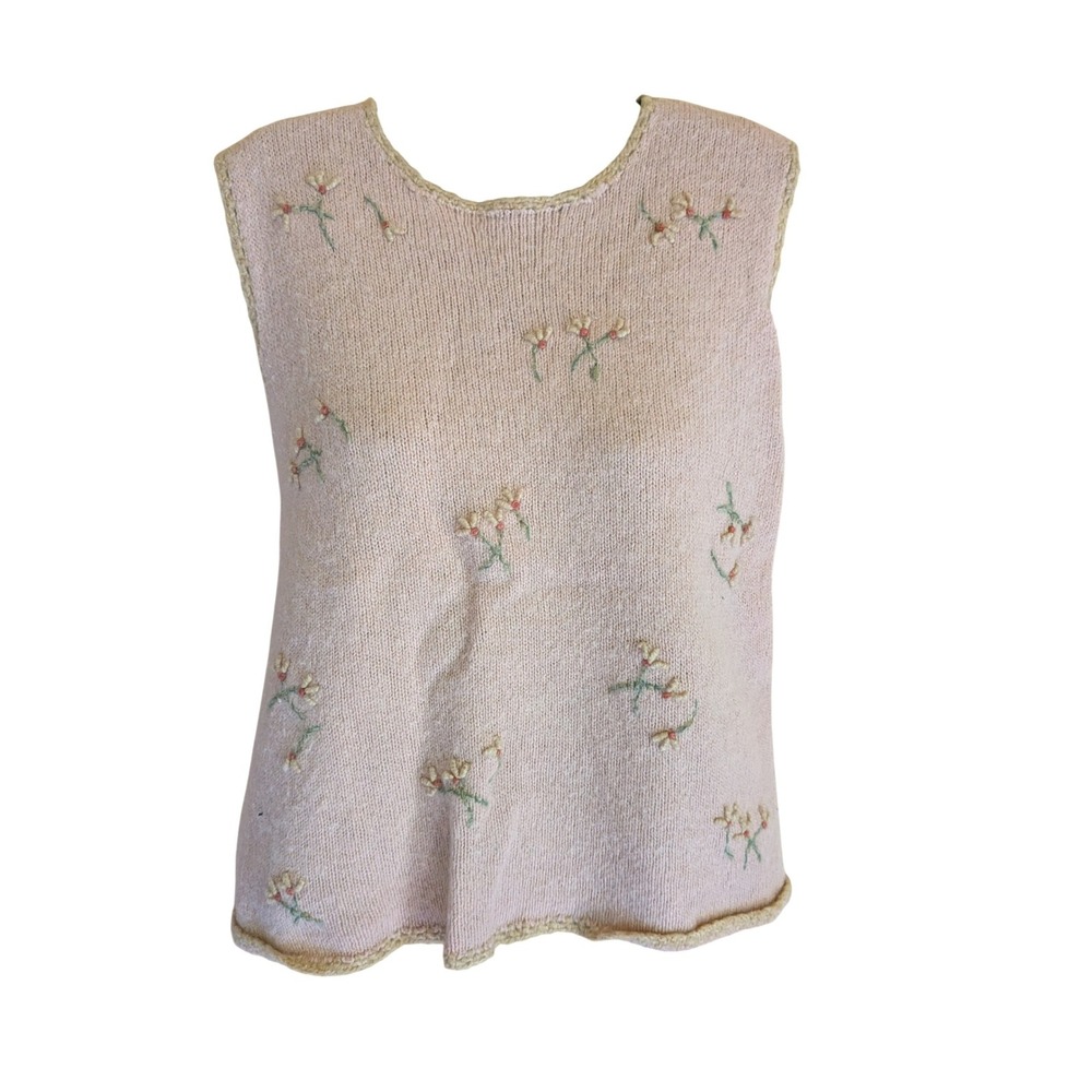 Susan Bristol Sleeveless Sweater Women L Cottage Floral Hand Embroidered Vintage